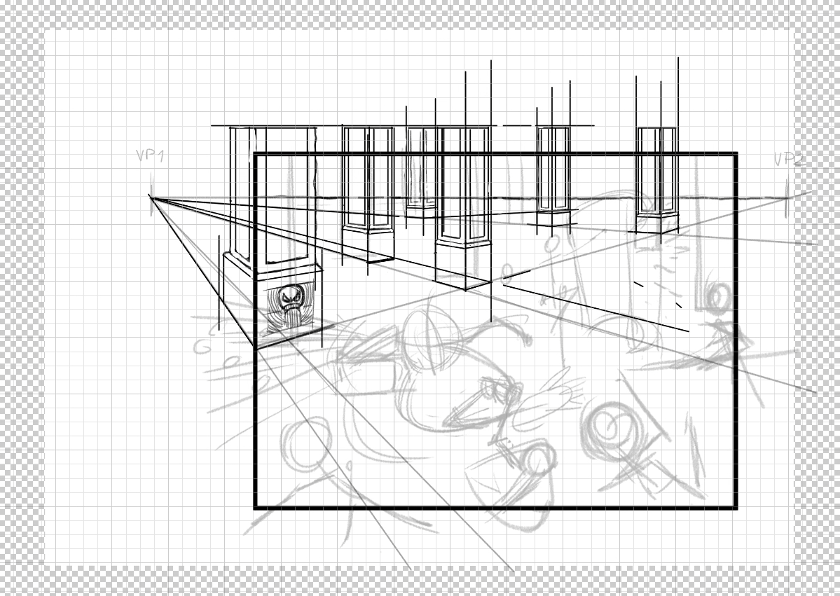 Pencil sketches of columns drawn on a 2-point perspective grid over a white background