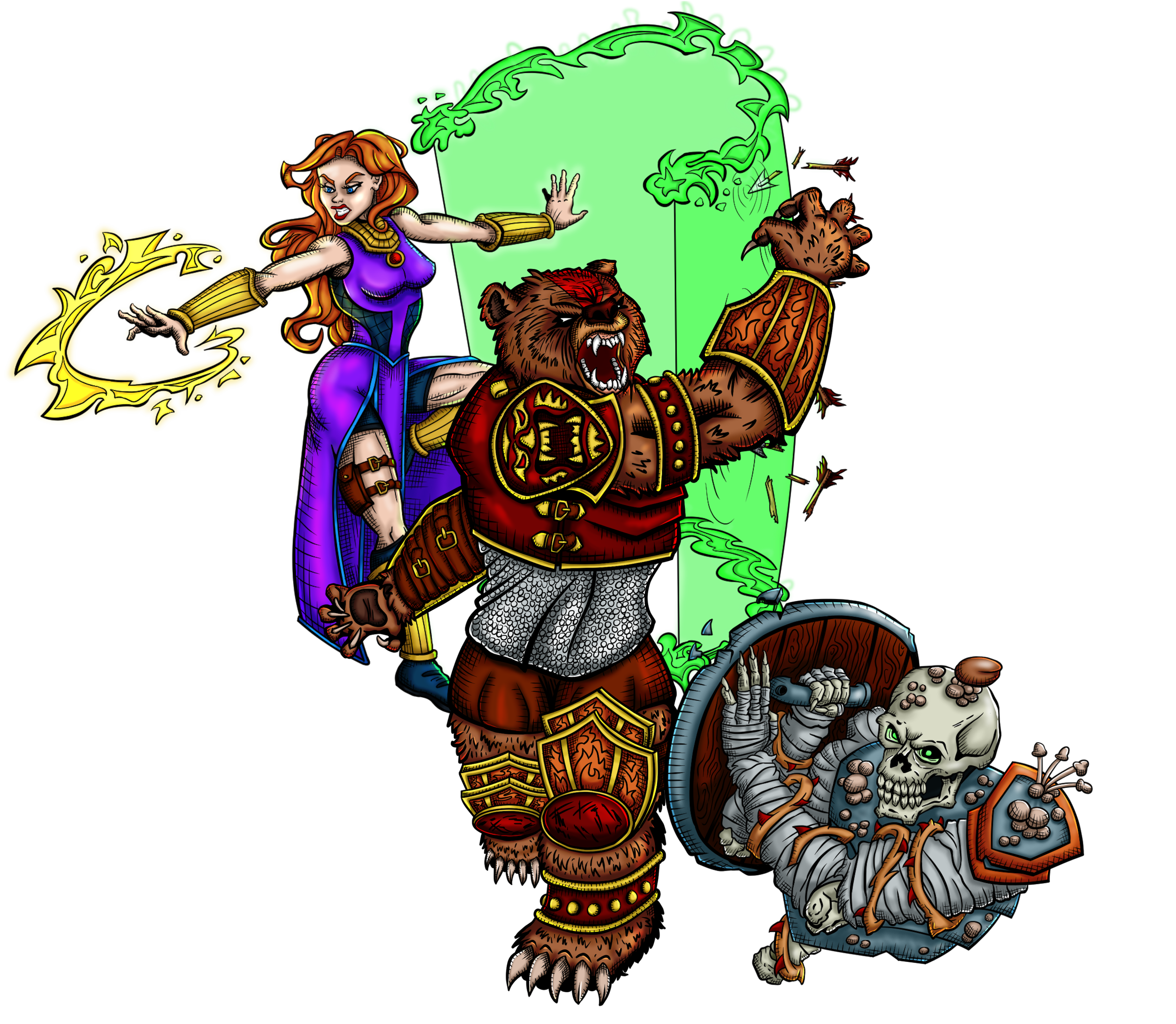 Comic-style, hand-drawn illustration of a sorceress creating a green energy wall to block arrows, and a werebear with red and gold armor fighting an skeleton warrior