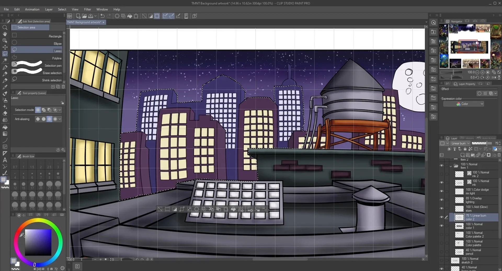 A Clip Studio Paint Pro screenshot shown a comic style drawing of the Manhattan rooftops in full color