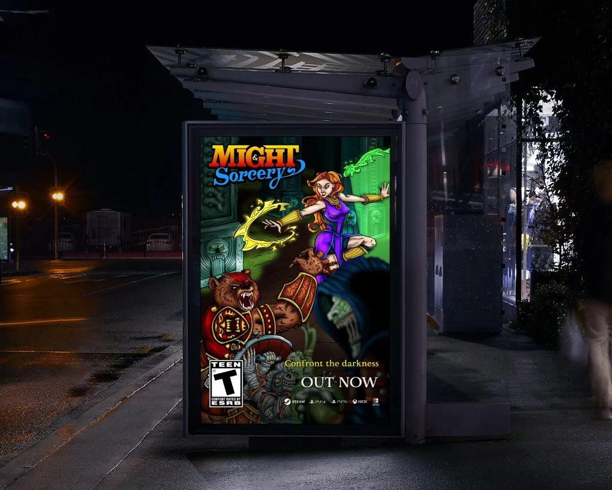 A Might & Sorcery poster on a bus stop at night.