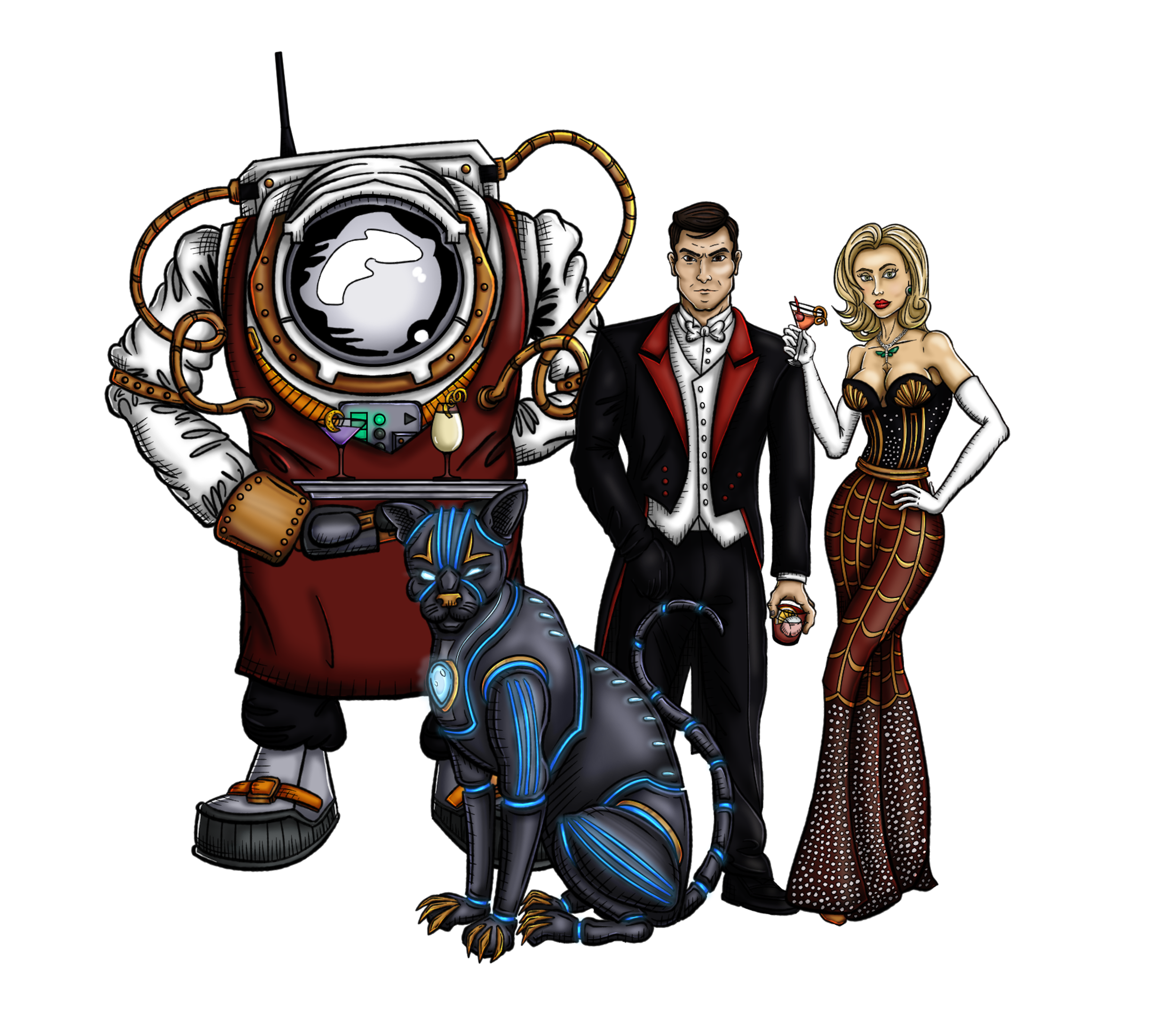 Comic illustration of a bulky astronaut robot dressed as a waiter offering drinks to an elegant gentleman and a beautiful blonde woman wearing an intricately decorated dress. There's abig cybor cat sitting in front of them.