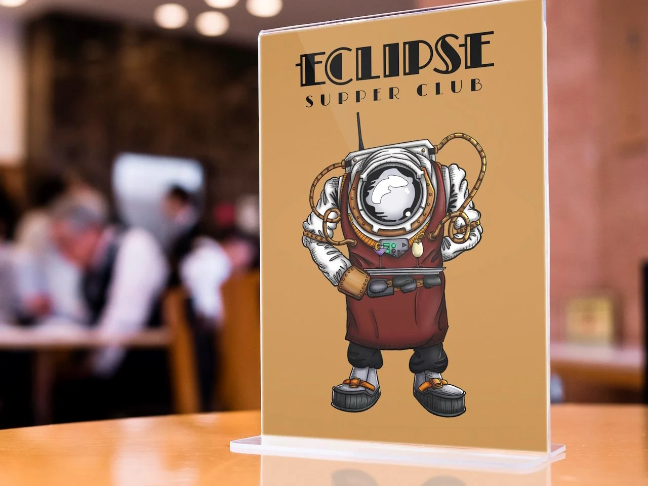 An A4 stand depicting a hand-drawn illustration of a robot astronaut dressed lke a waiter