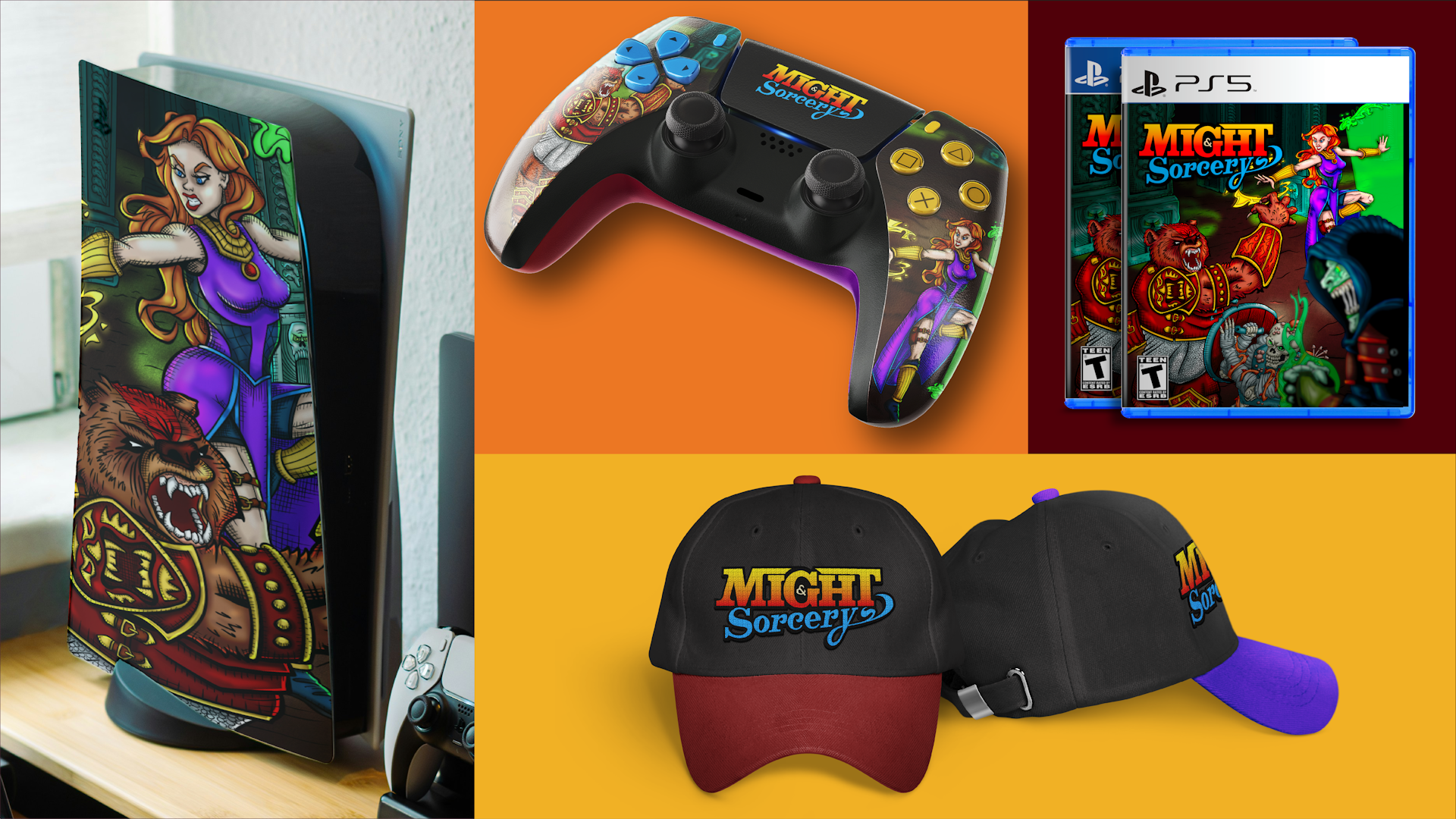 Collage of mockups featuring custom comic-style illustrations of Saga the sorceress and Magnus the werebear with the game logo