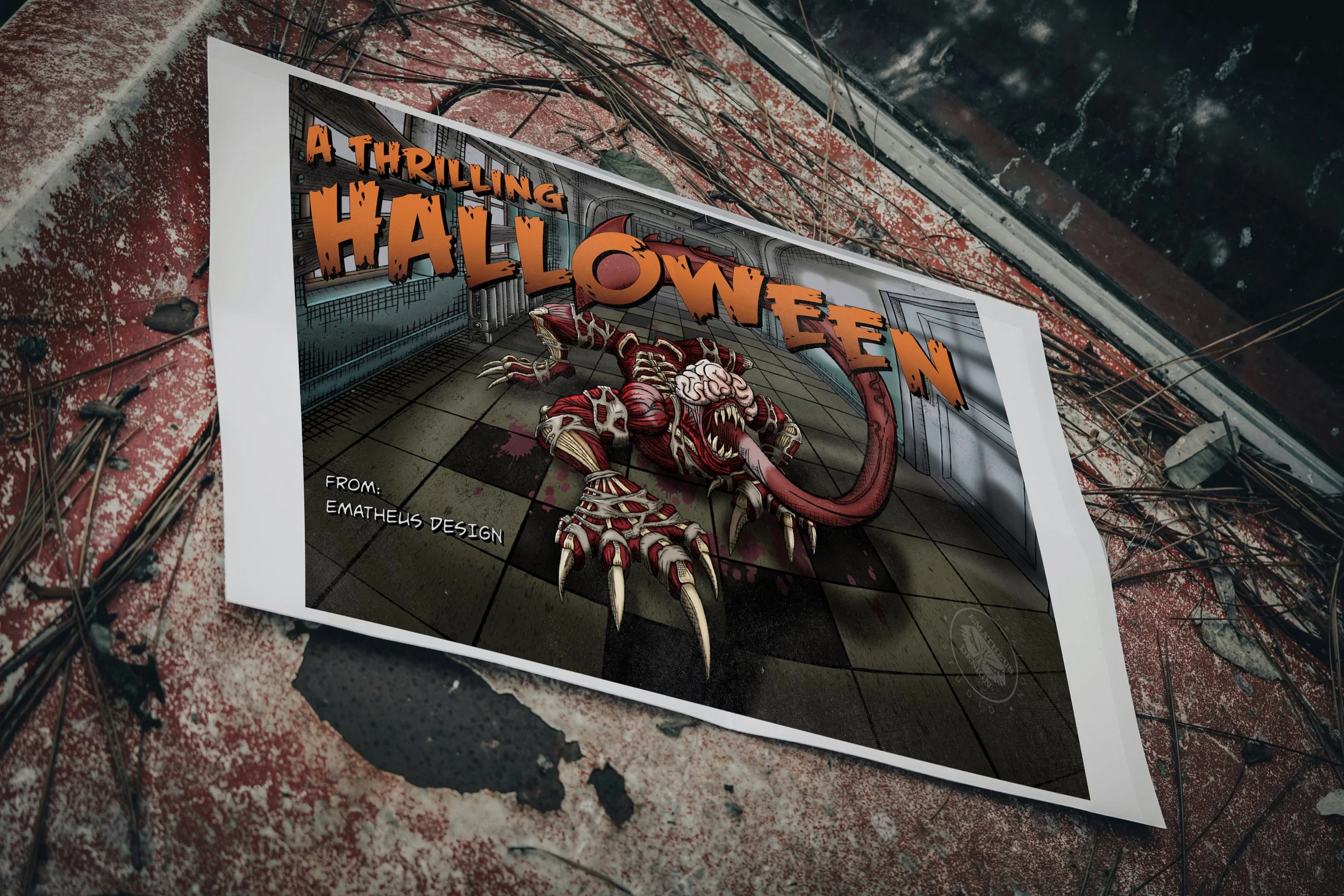 Postcard mockup with a comic-style illustration of a RE 2 Licker in the RPD. It says: "A Thrilling Halloween from Ematheus Design"