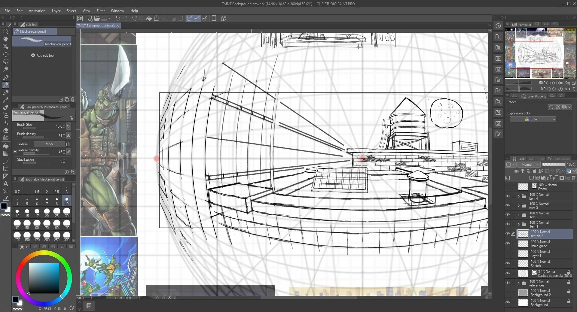 A Clip Studio Paint Pro screenshot showing a 5-points perspective grid with pencil drawings