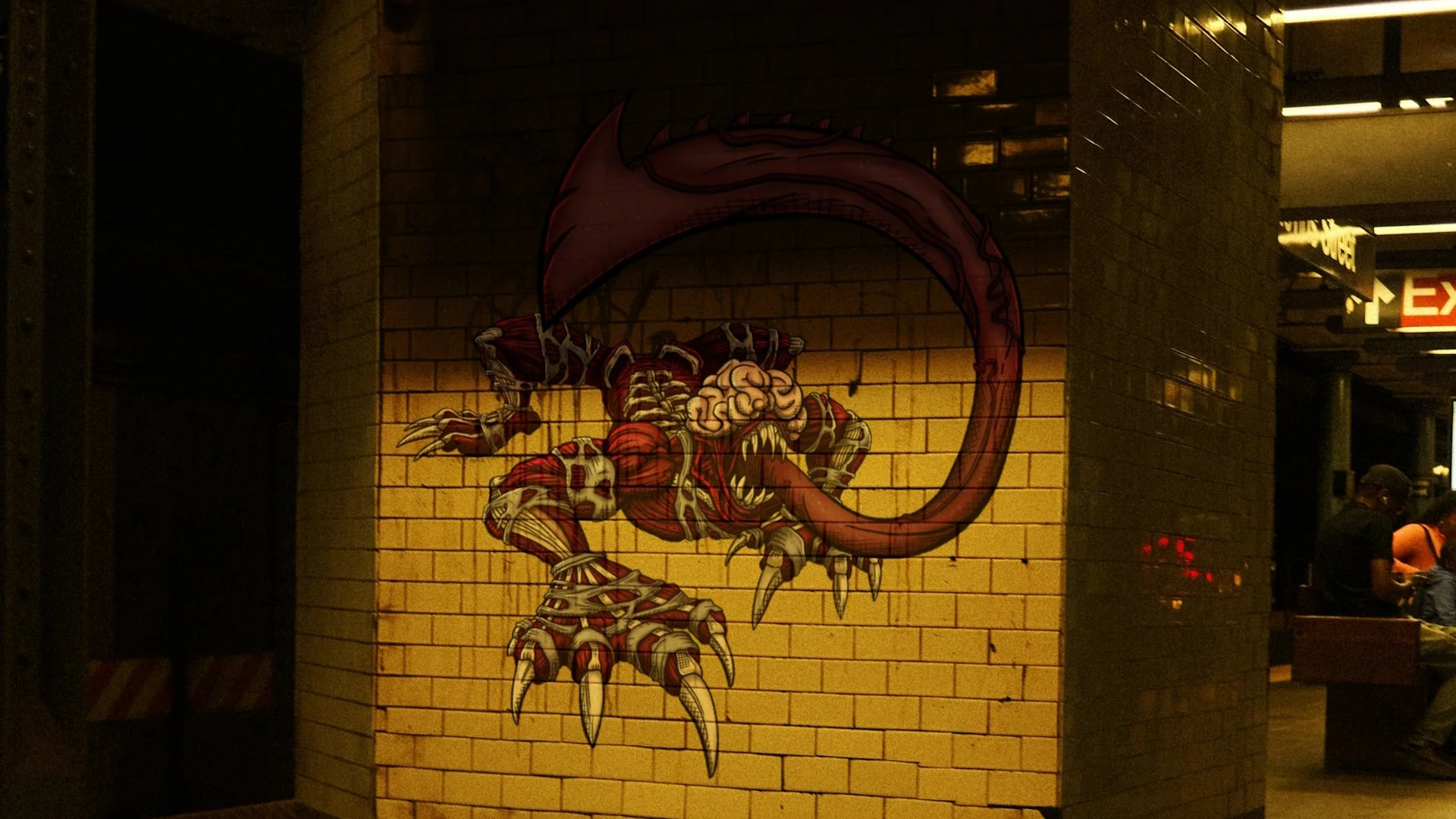Mockup. Comic-style illustration of a RE 2 Licker painted on a dirty subway wall