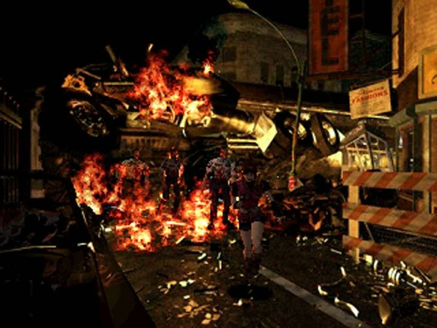 RE 2 Screenshot showing Claire running away from zombies in the burning streets of Raccoon City