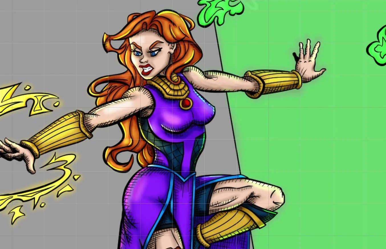 Comic illustration of Saga the sorceress with flowing orange hair, wearing a purple battle dress with golden greaves and necklace. She is creating a green energy wall with her left hand.