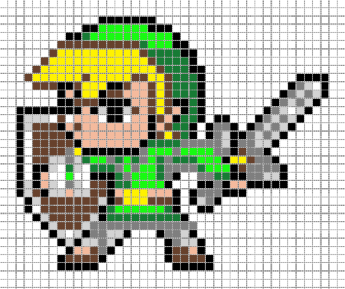 Link from The Legend of Zelda drawn in Pixel Art on a grid.