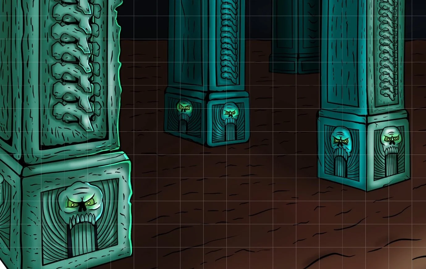 Comic illustration of rows of columns in a dark arena in full-color. It now includes complete shading and lighting effects using gradients