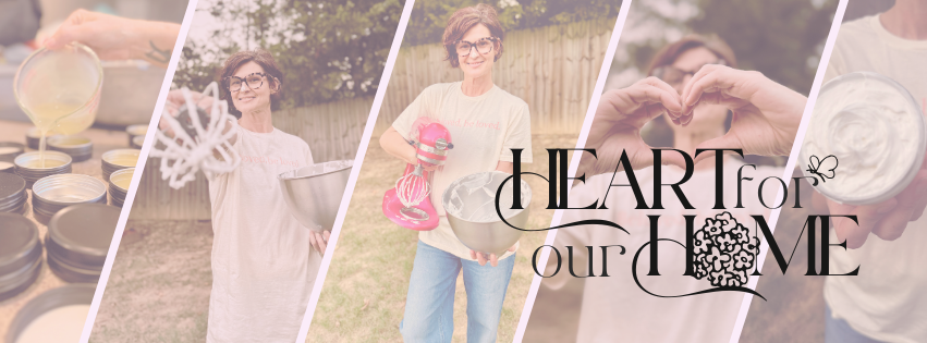 A woman smiling outdoors with a pink stand mixer and a metal bowl. The image includes a montage with text 'Heart for Our Home' and heart and flower graphics, and shows scenes of pouring jam into jars, a heart shape hand gesture, and another woman holding a jar of cream.