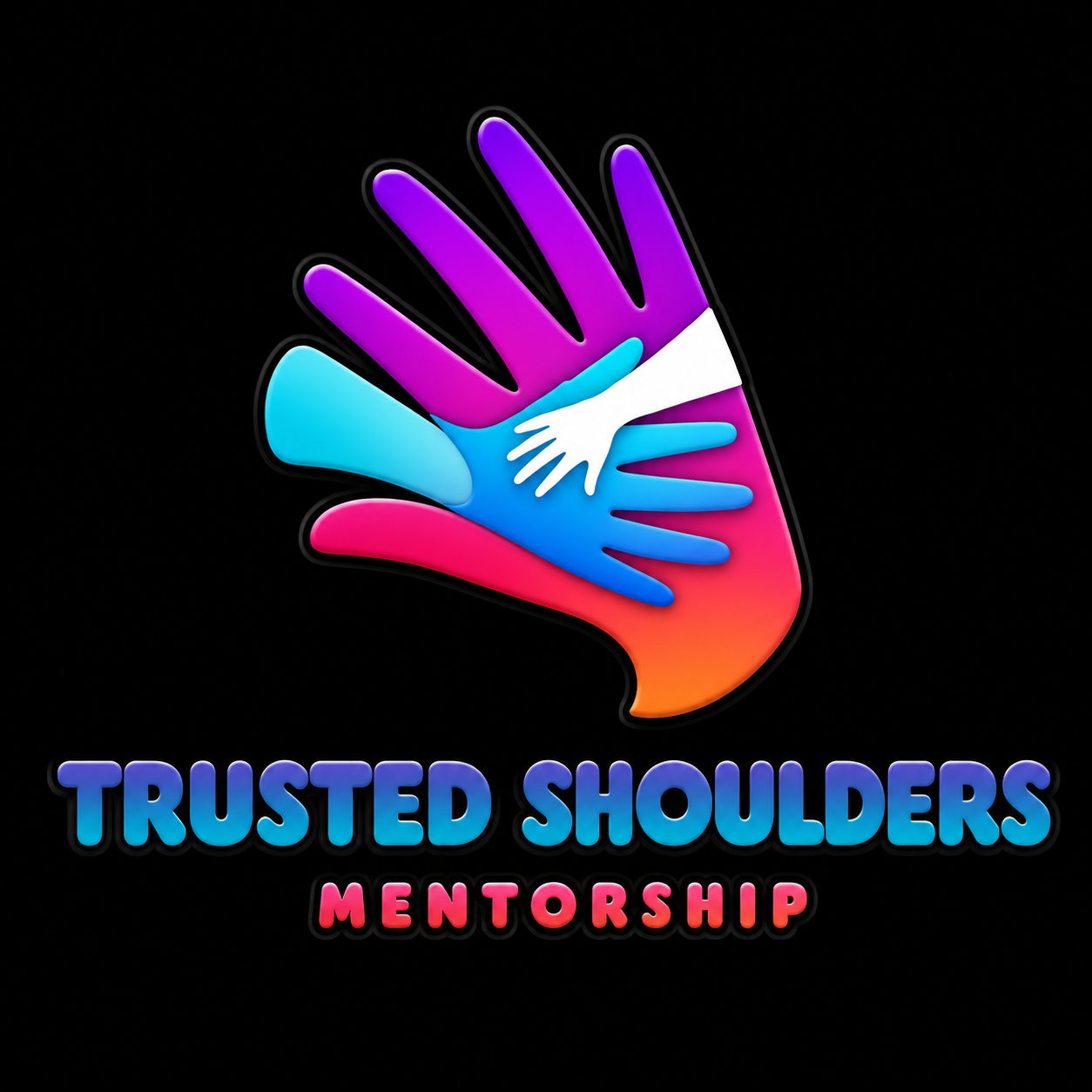 Neon-style logo with four hands layered on top of each other in different colors: purple, blue, pink, and orange, accompanied by the text "Trusted Shoulders Mentorship" in gradient blue and pink letters.