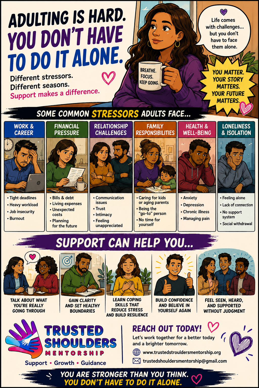 An illustrated infographic emphasizing mental health support for adults facing various stressors, highlighting common stressors like work, financial pressure, relationships, family responsibilities, health, and loneliness. It encourages talking, gaining clarity, learning coping skills, building confidence, and feeling supported, with contact information for Trusted Shoulders Mentorship.