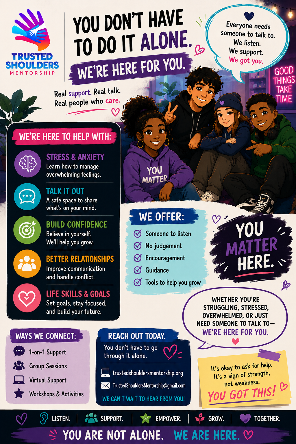 Colorful infographic with message support, mentorship, and mental health resources. Features diverse group of four young people sitting together, smiling, and making peace sign. Includes text about help for stress, anxiety, building confidence, relationships, life skills, and ways to connect for support.