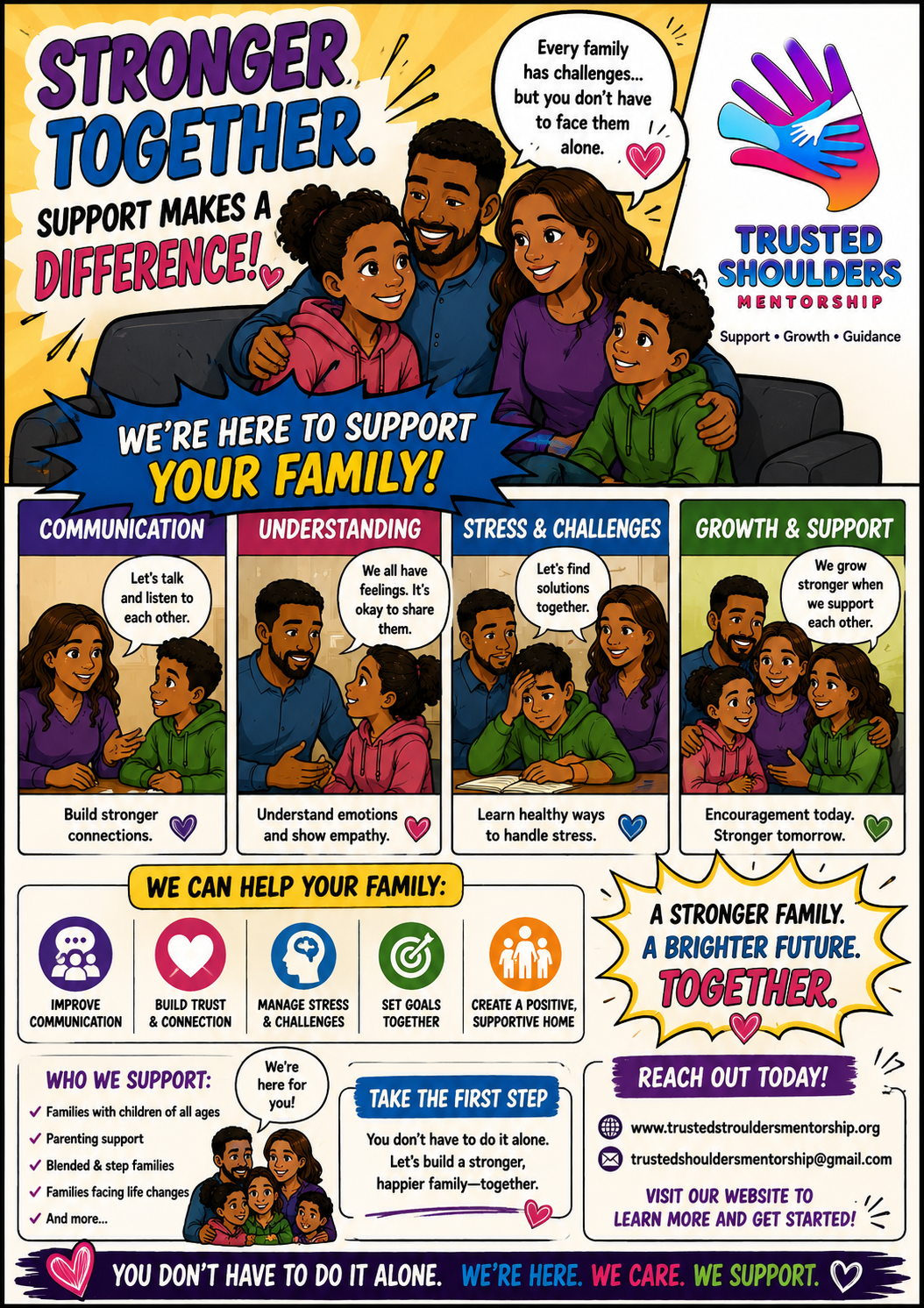 A colorful infographic promoting family support and mentorship. It features a main image of a smiling family sitting together on a couch. Text highlights the importance of support, understanding, stress management, and growth. Sections include communication, understanding, stress, growth, and ways to help families, with icons and messages emphasizing trust, empathy, and teamwork. Contact information and a call to action are at the bottom.