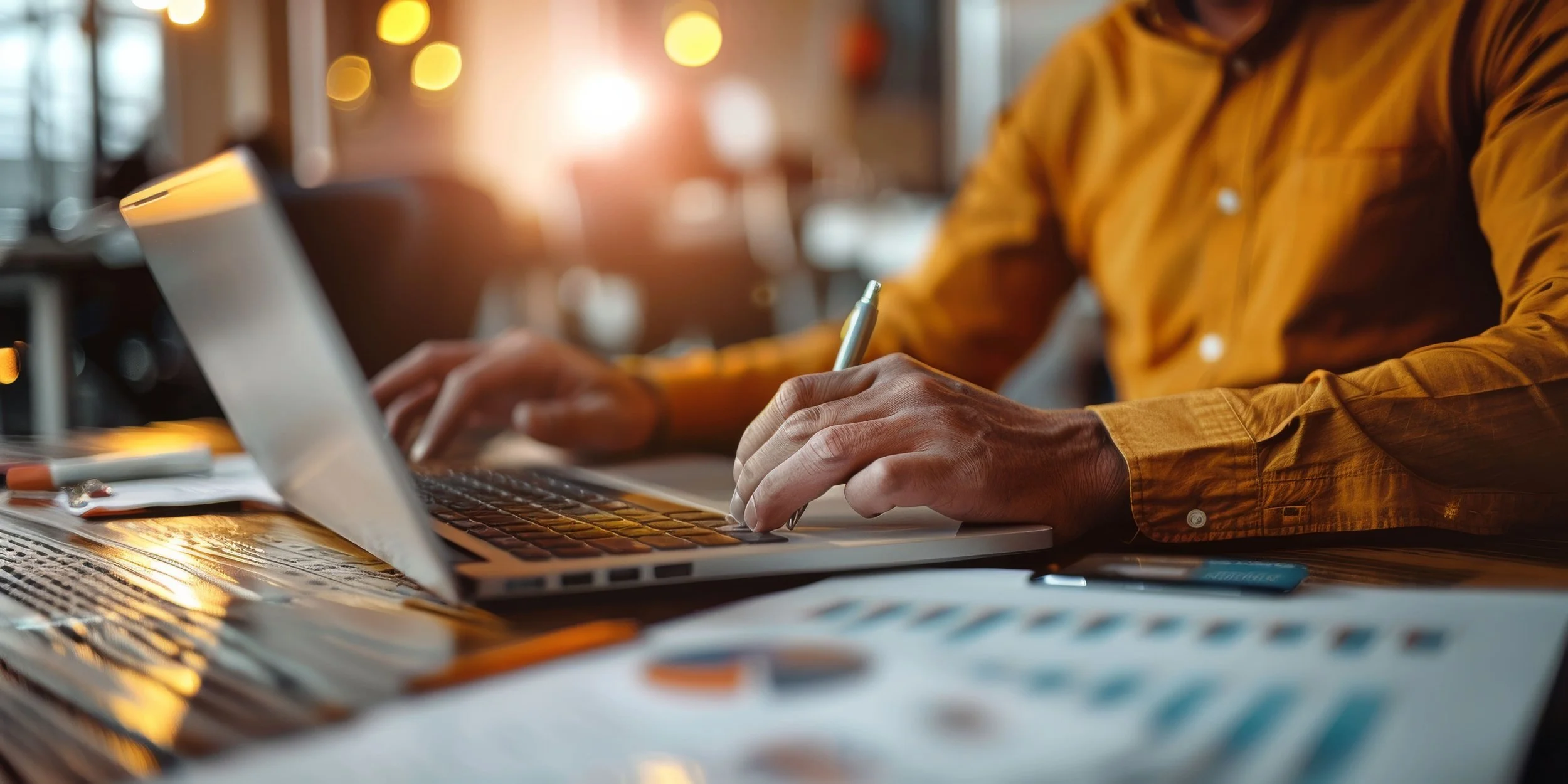Person in a yellow shirt working on a laptop at a cluttered desk with papers and a pen, in a well-lit indoor setting.