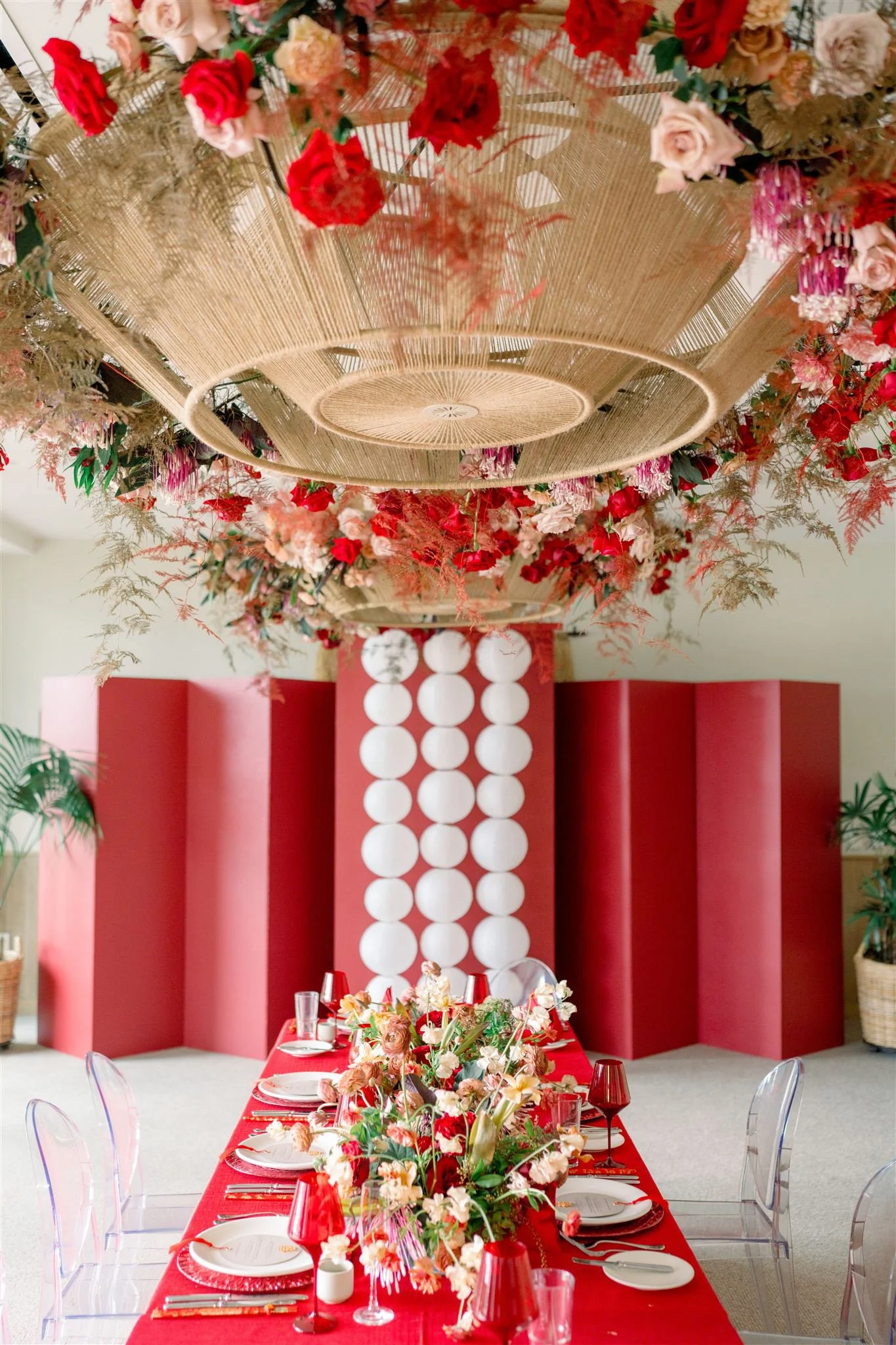 ceiling red floral installation with flowers on table 1 Hotel Hanalei Bay, Kauai