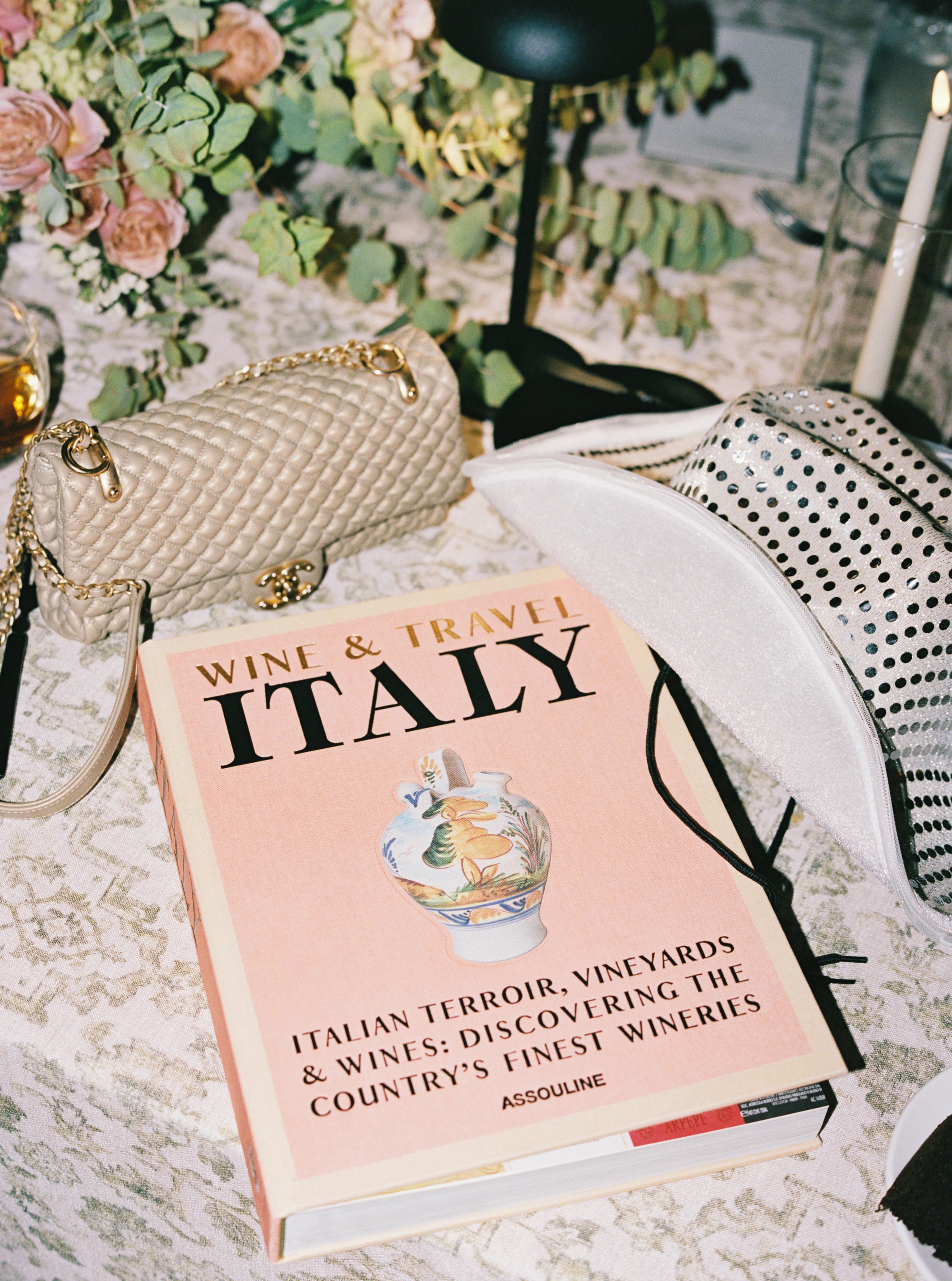 Italy book and Chanel bag on wedding reception guest table Nasher Sculpture Center