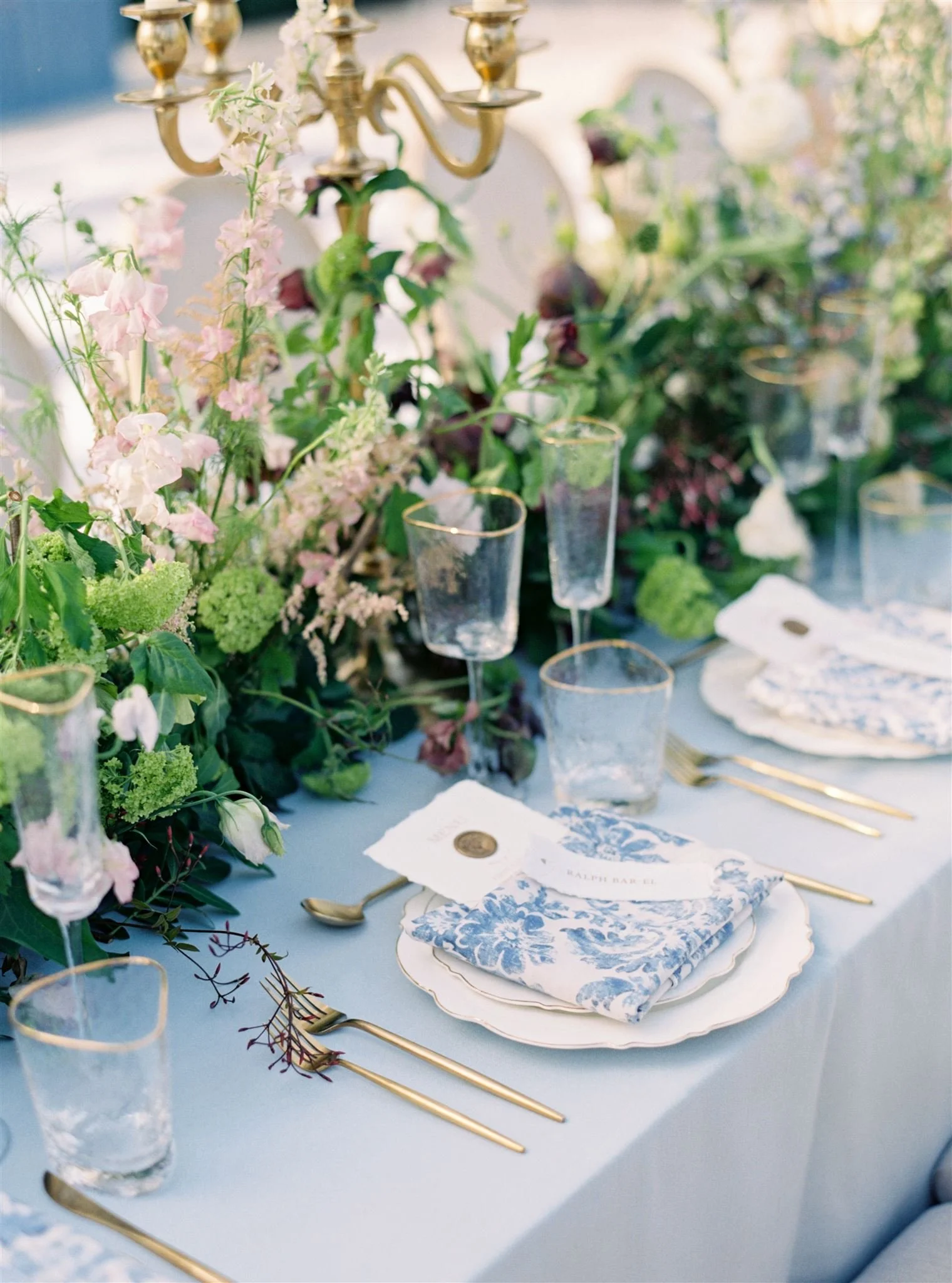 Tablescape, lush green wedding centerpieces at Oahu wedding