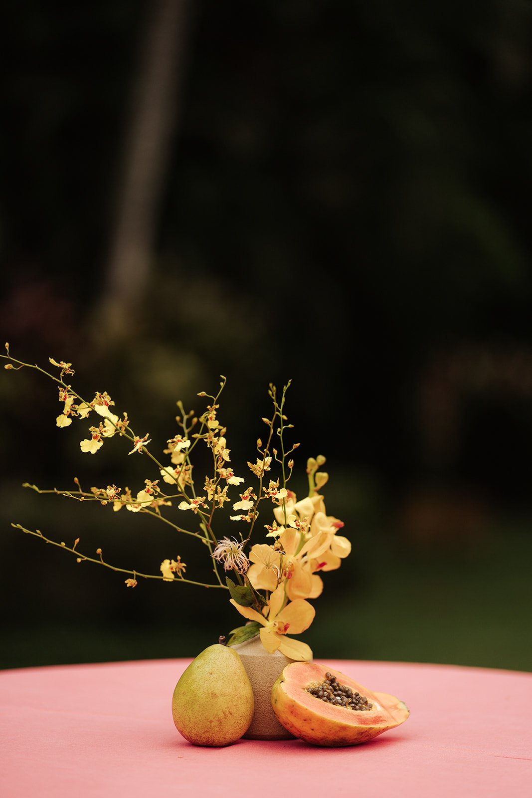 A still life arrangement with a pear, a halved papaya, and a small trophy-like vase with yellow orchids, set on a pink surface with a dark background.