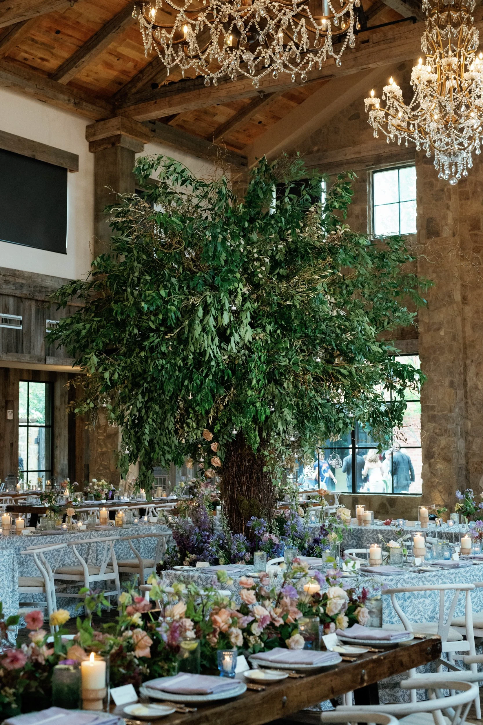 large tree at wedding reception at Hotel Drover in Ft Worth, TX