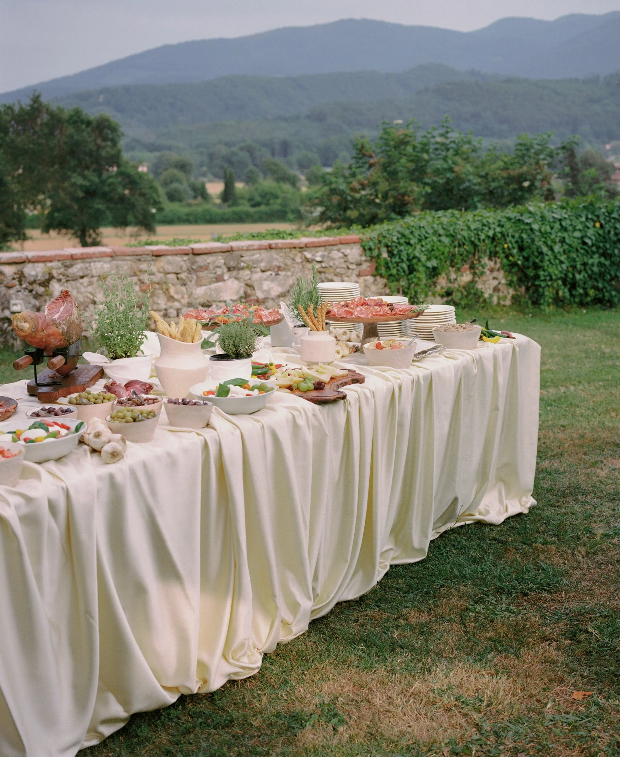 a food display table at wedding in Tuscany Villa Buonvisi