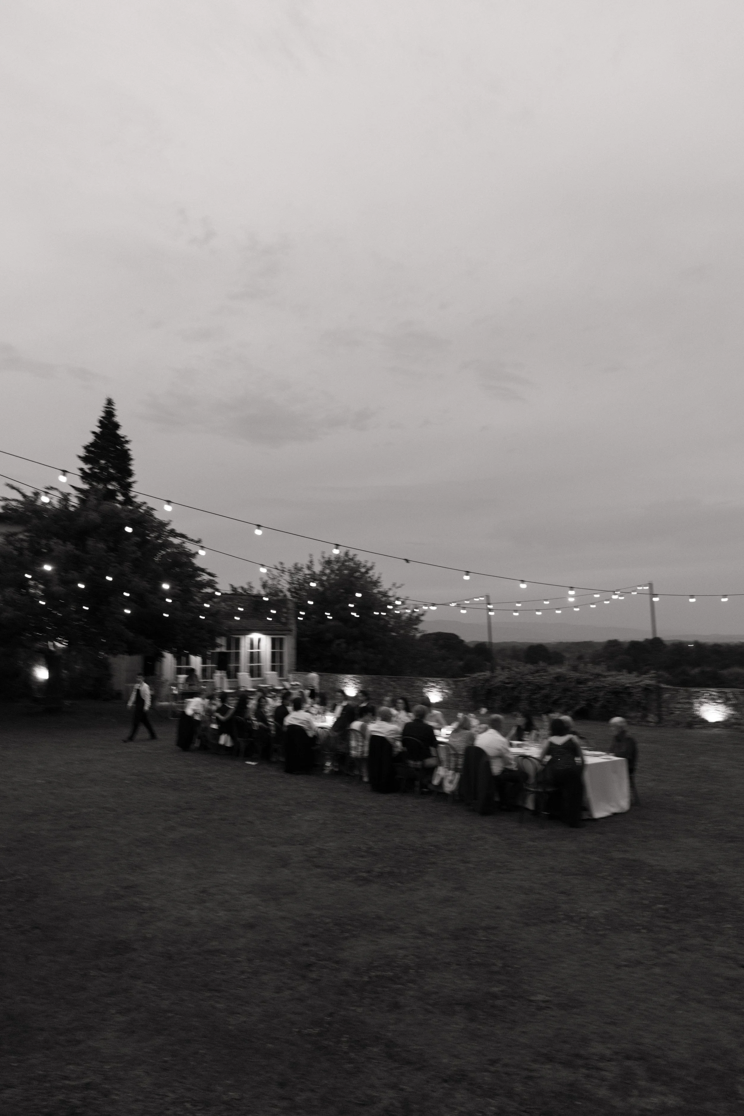 black and white image of a dinner table with string lights over it