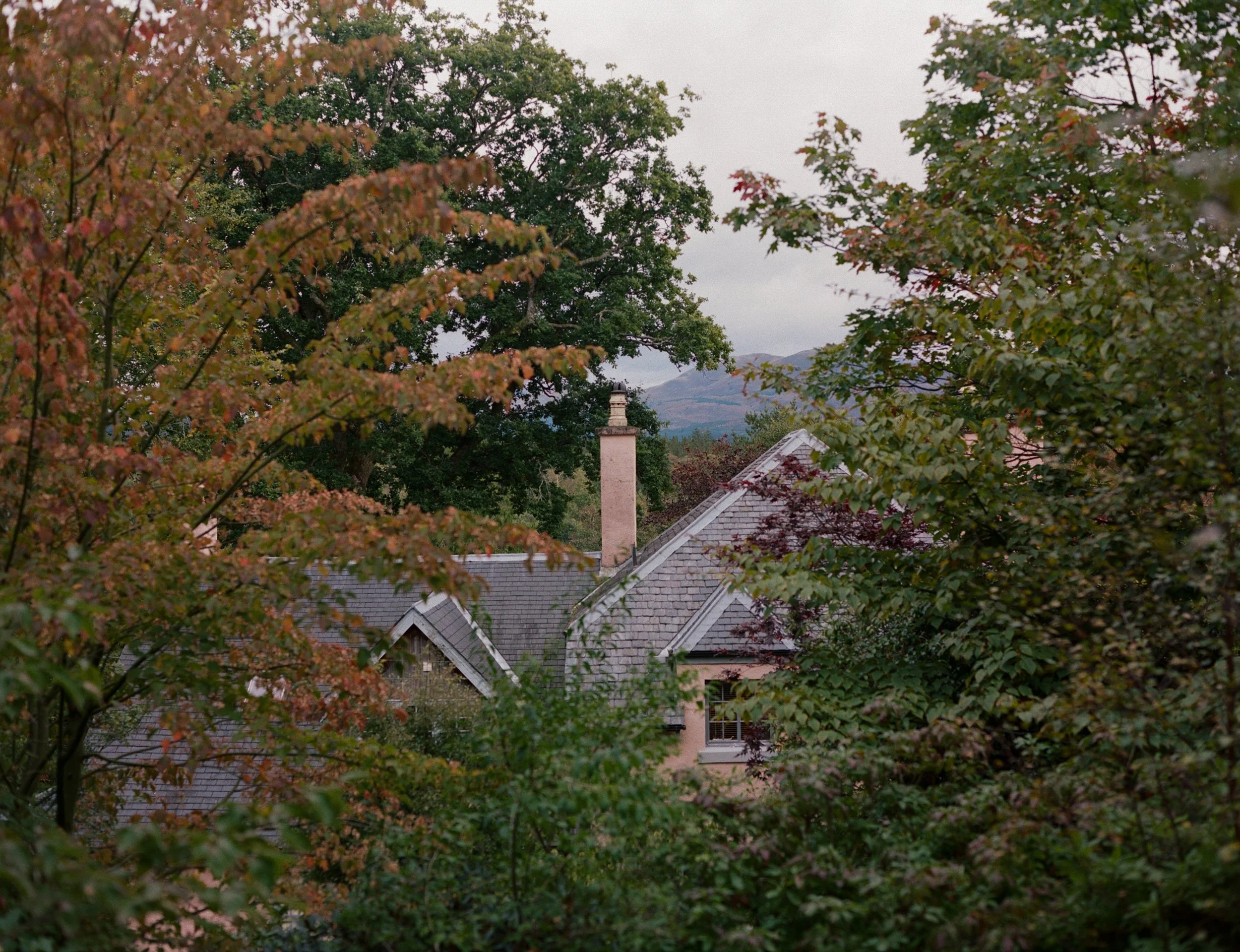 A house with a gray sloped roof and a chimney, partially obscured by trees with autumn-colored leaves, and mountains in the background under a cloudy sky.