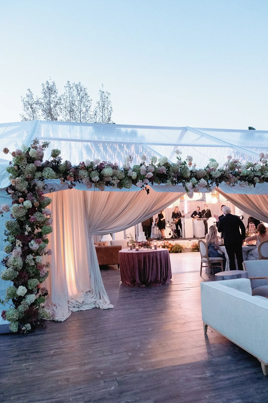 Peegee hydrangea floral tent installation at Greystone Castle, Boulder, Colorado