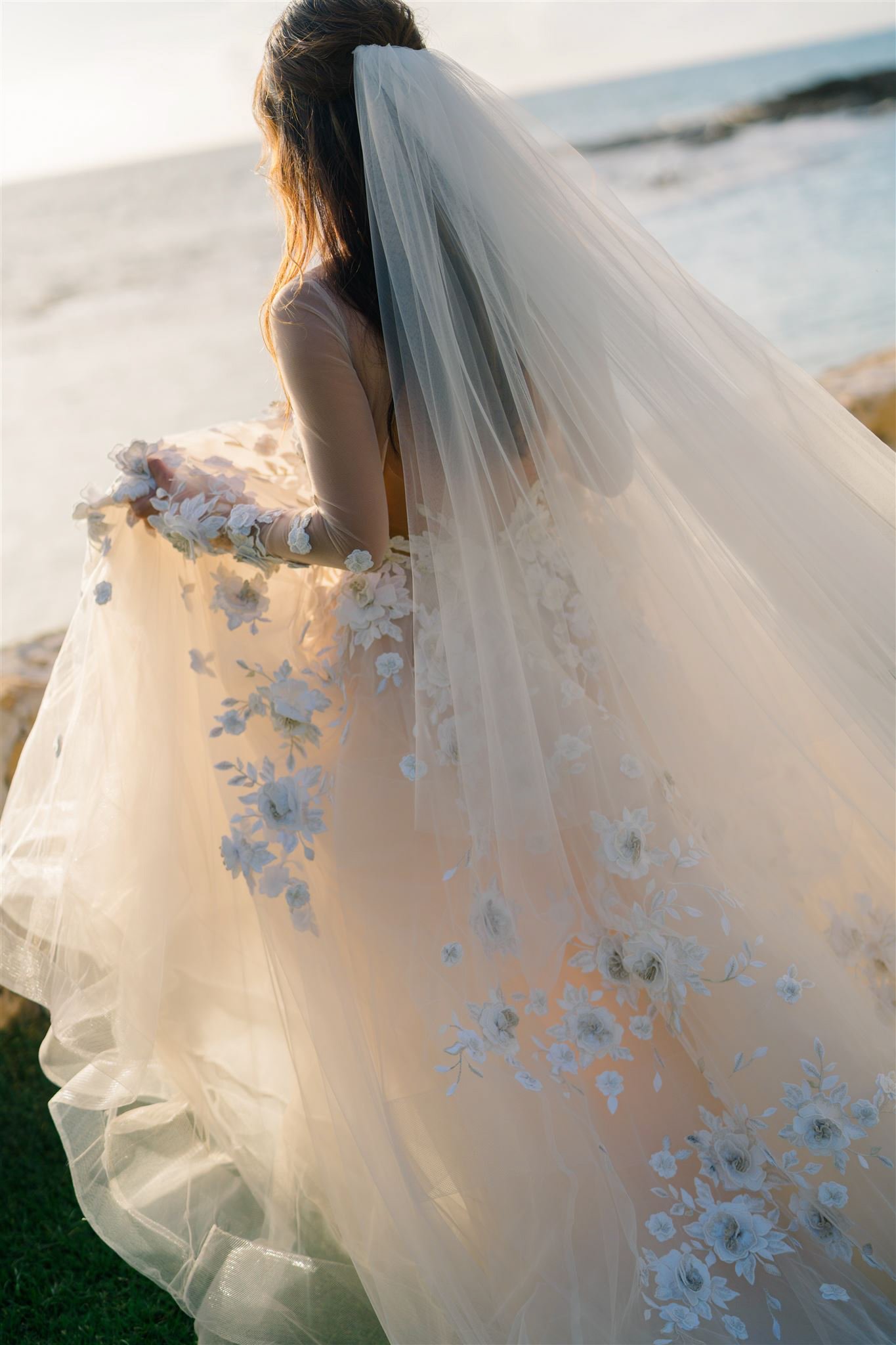 Bride on beach Oahu Wedding, Lanikuhonua