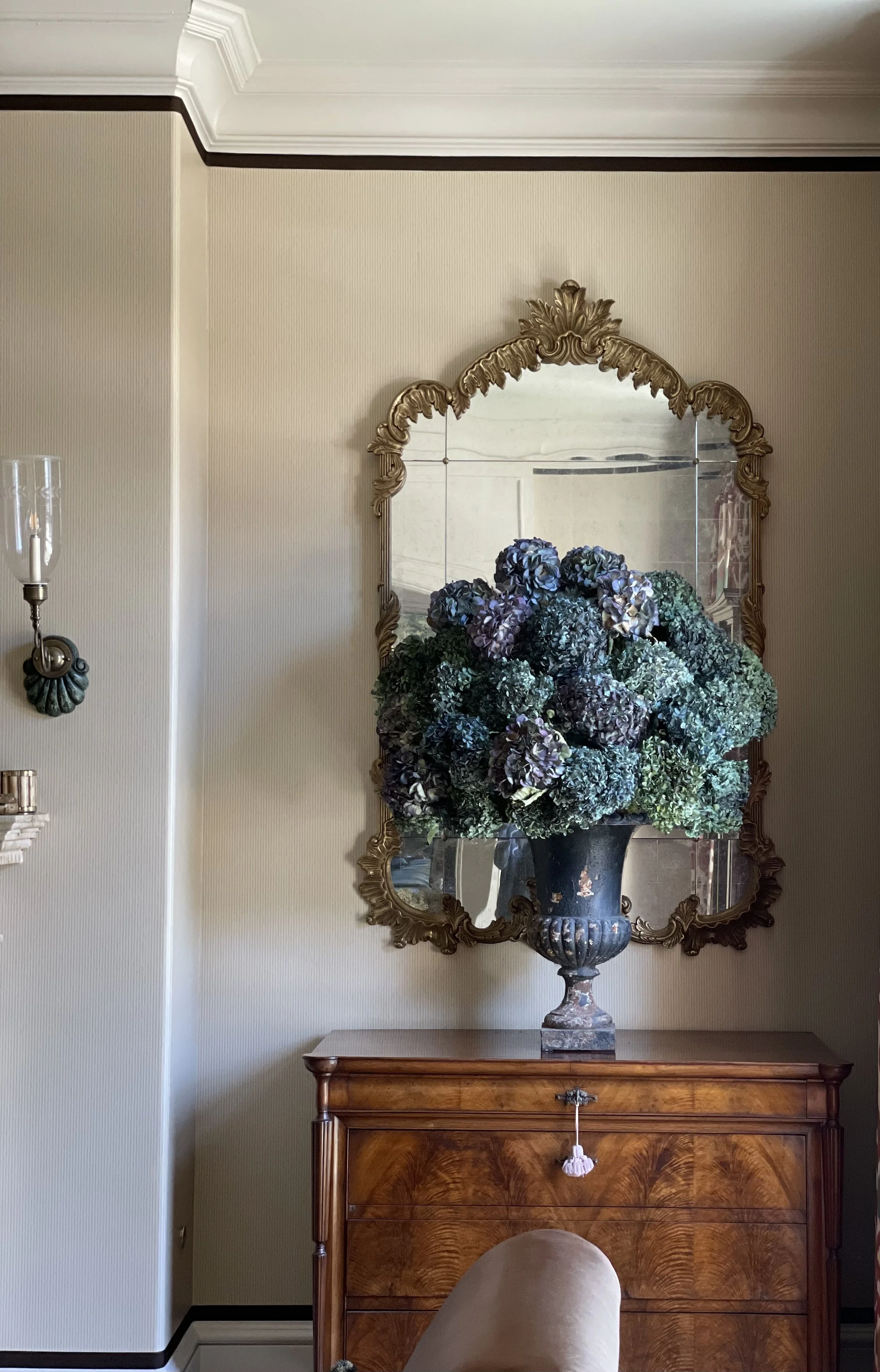 blue dried hydrangea in an urn