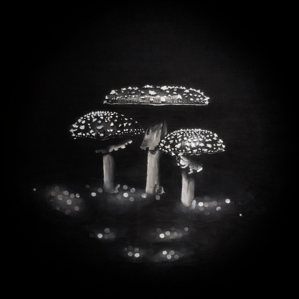 Monochrome acrylic mashroom painting on canvas - original artwork by Suzana Glavaš.