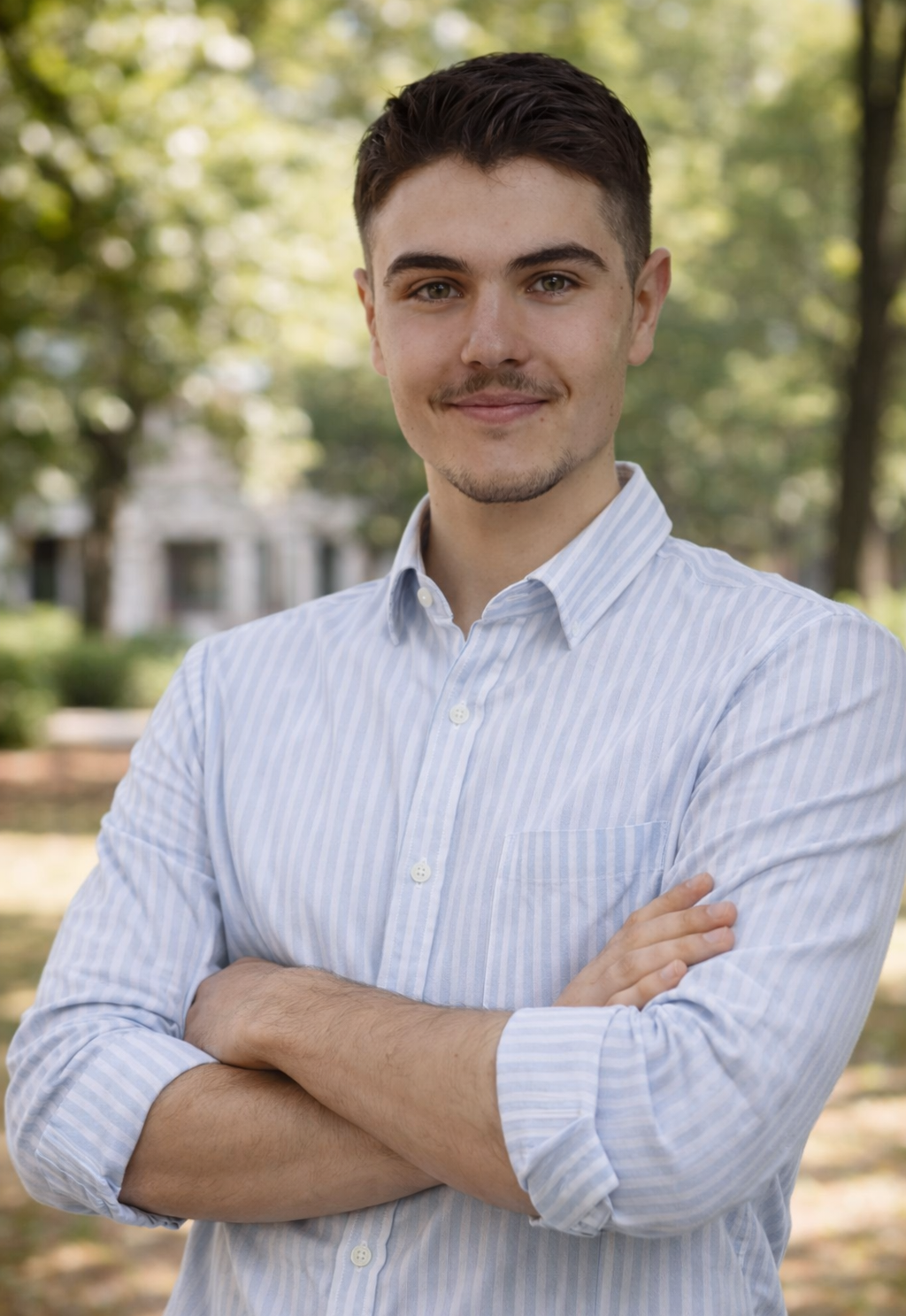 Le gérant de l'entreprise souriant, portant une chemise à rayures blanches et bleues, bras croisés dans un parc