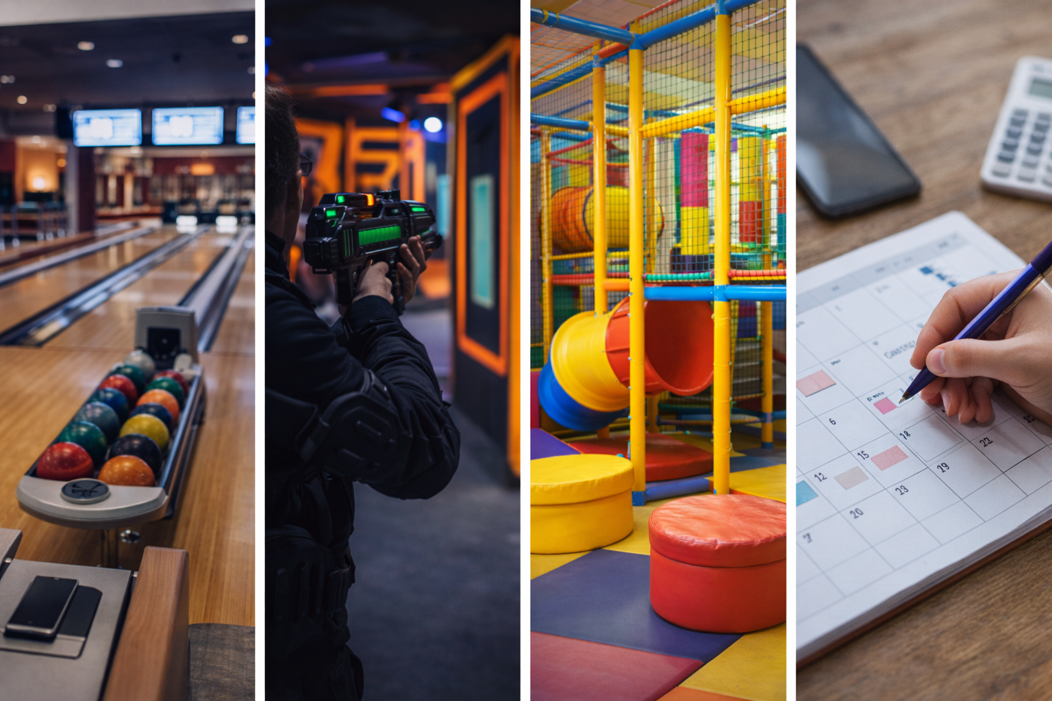 Un bowling avec des quilles colorées, un laser game avec une personne tenant un laser gun, une aire de jeux pour enfants avec des toboggans colorés, et un calendrier avec une personne écrivant avec un stylo.