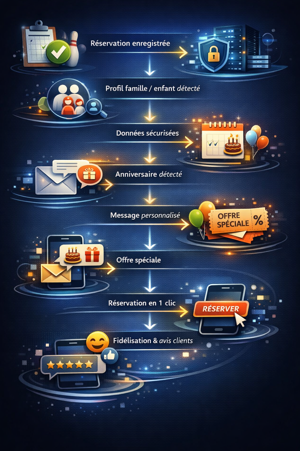 Processus de fidélisation client avec réservation en ligne, détection d'informations, envoi de messages personnalisés, offres spéciales, réservation en un clic et avis clients.