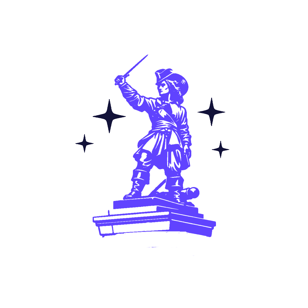 Statue d'un soldat à cheval en bleu avec des étoiles en arrière-plan.