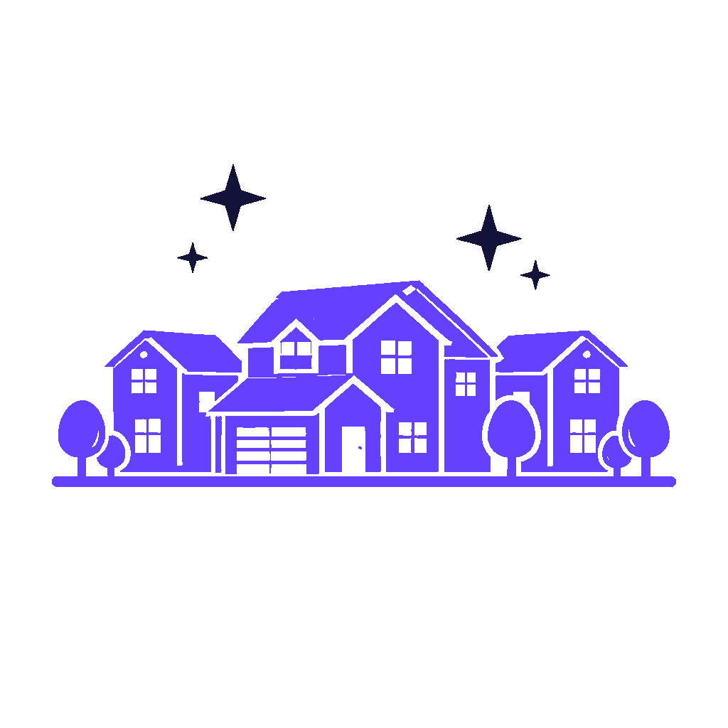 Une maison stylisée en violet avec des arbres et des étoiles au-dessus.