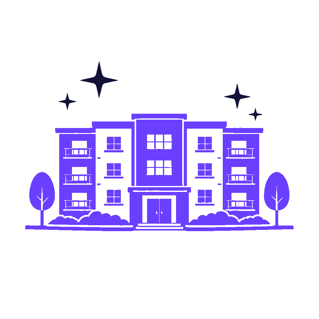 Illustration d'un bâtiment résidentiel avec des arbres et des étoiles dans le ciel nocturne, tout en teintes de violet et de blanc.