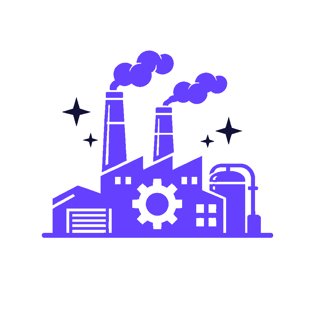 Une illustration stylisée d'une usine avec deux cheminées émettant de la fumée, représentant une industrie ou une usine de production.