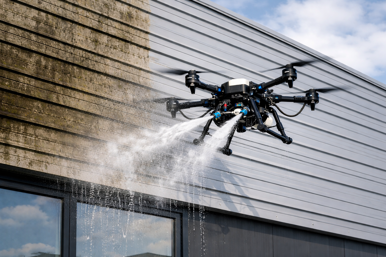 Un drone pulvériseur de liquide sur le côté d'un bâtiment, pulvérisant de l'eau ou une solution de nettoyage.