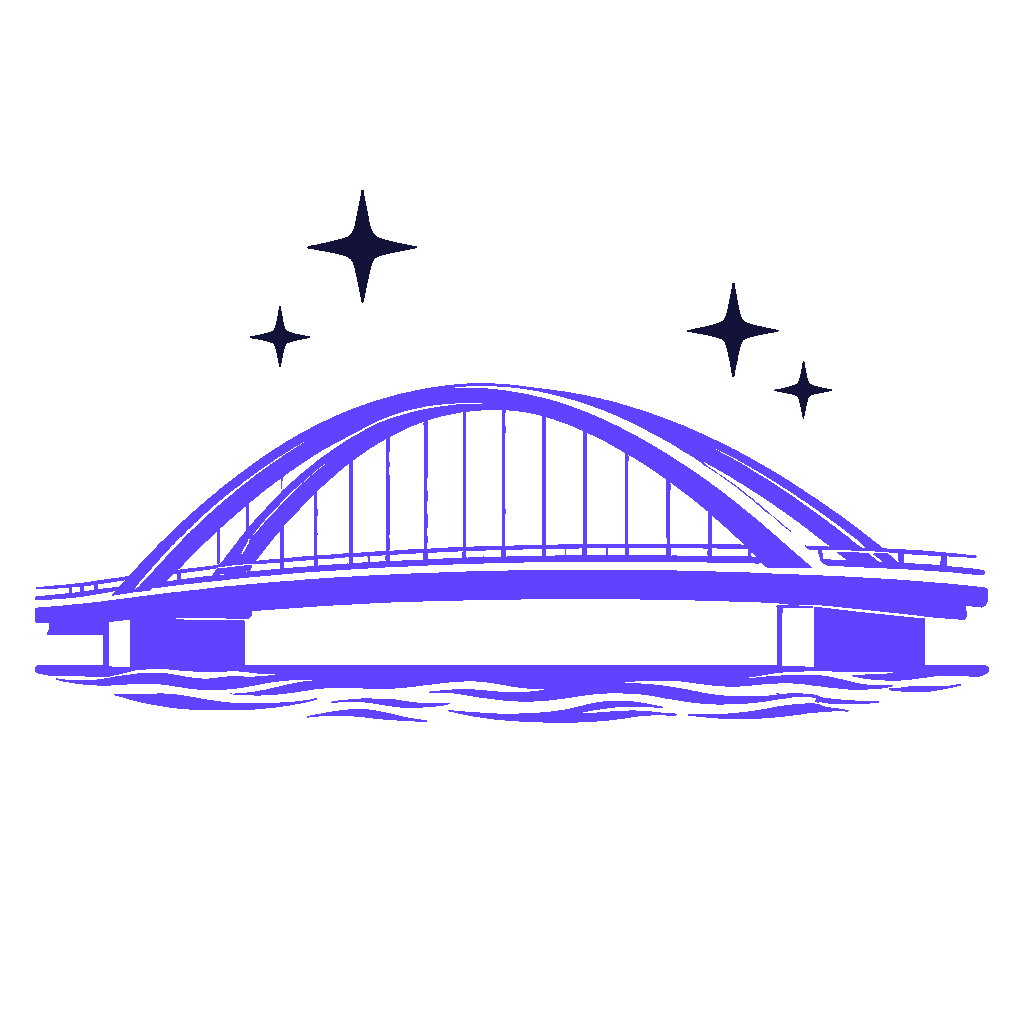 Une illustration monochrome d'un pont moderne en bleu avec des étoiles dans le ciel, représentant un saut ou un bond vers le haut.