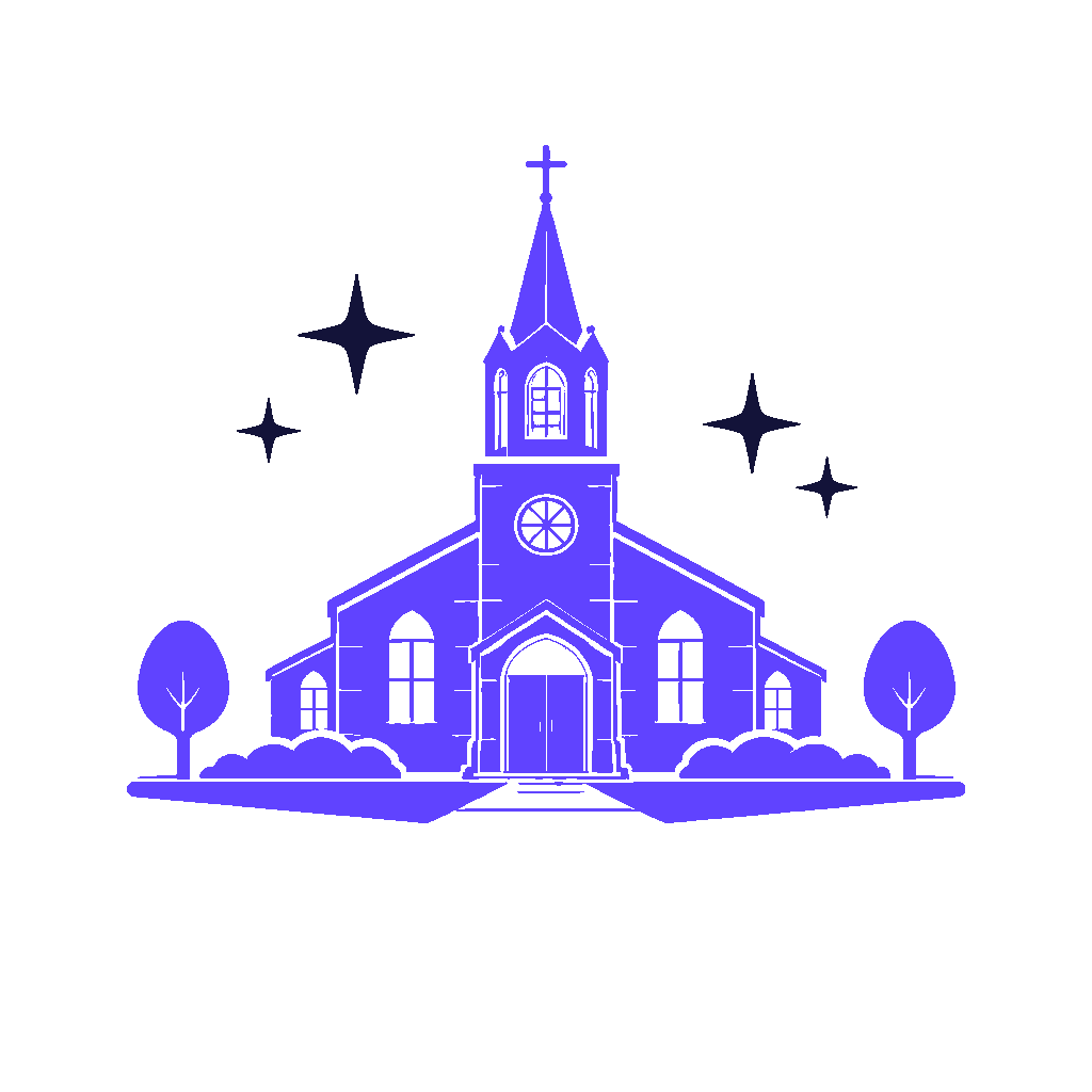 Une église bleue illustrée avec deux arbres de chaque côté et des étoiles dans le ciel noir en arrière-plan.