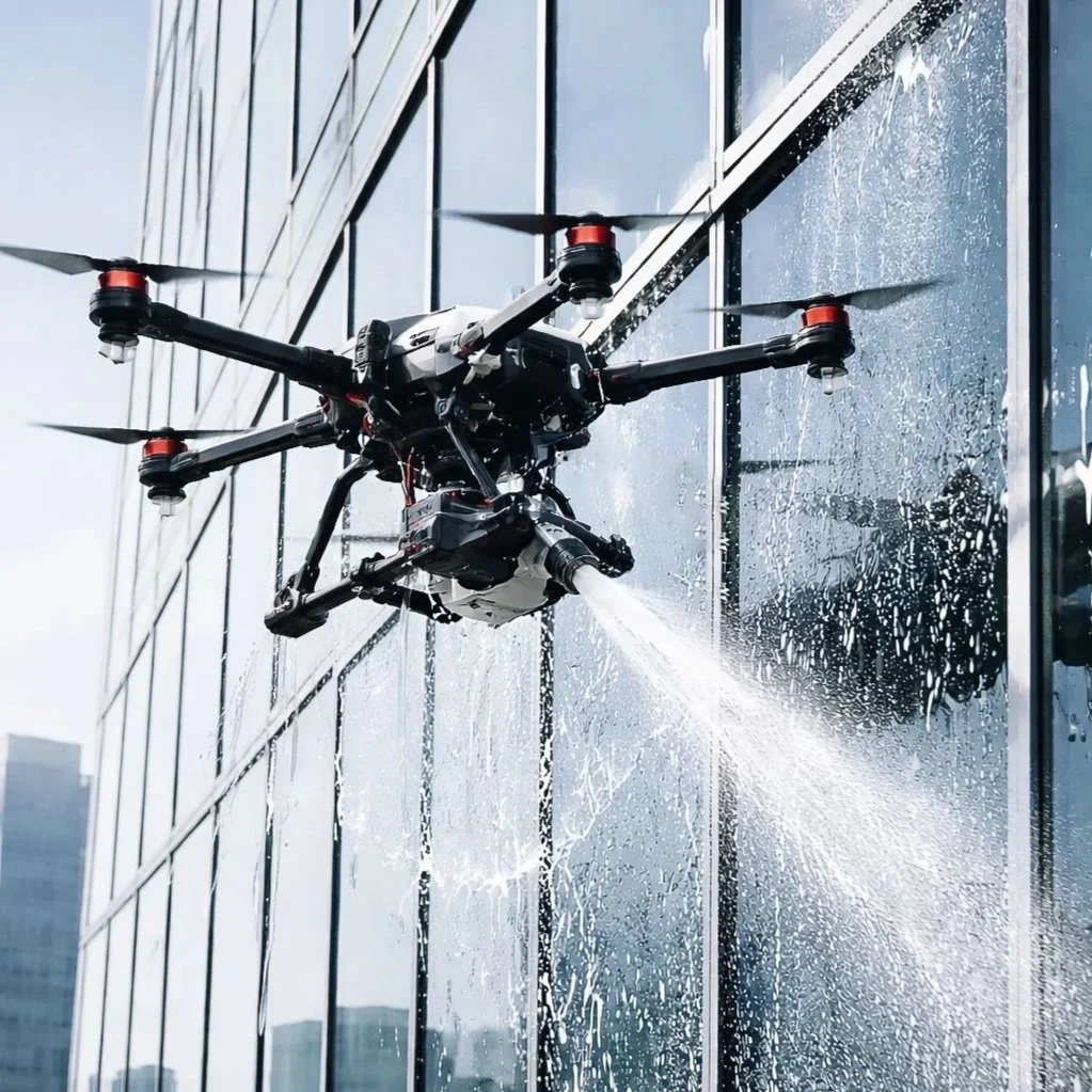 Un drone pulvérisant de l'eau ou un désinfectant sur la façade en verre d'un bâtiment moderne.