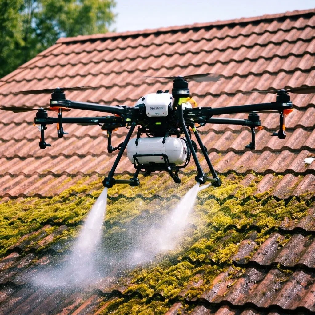 Un drone pulvérise un produit sur un toit en tuiles recouvert de mousse, dans un environnement extérieur avec des arbres en arrière-plan.