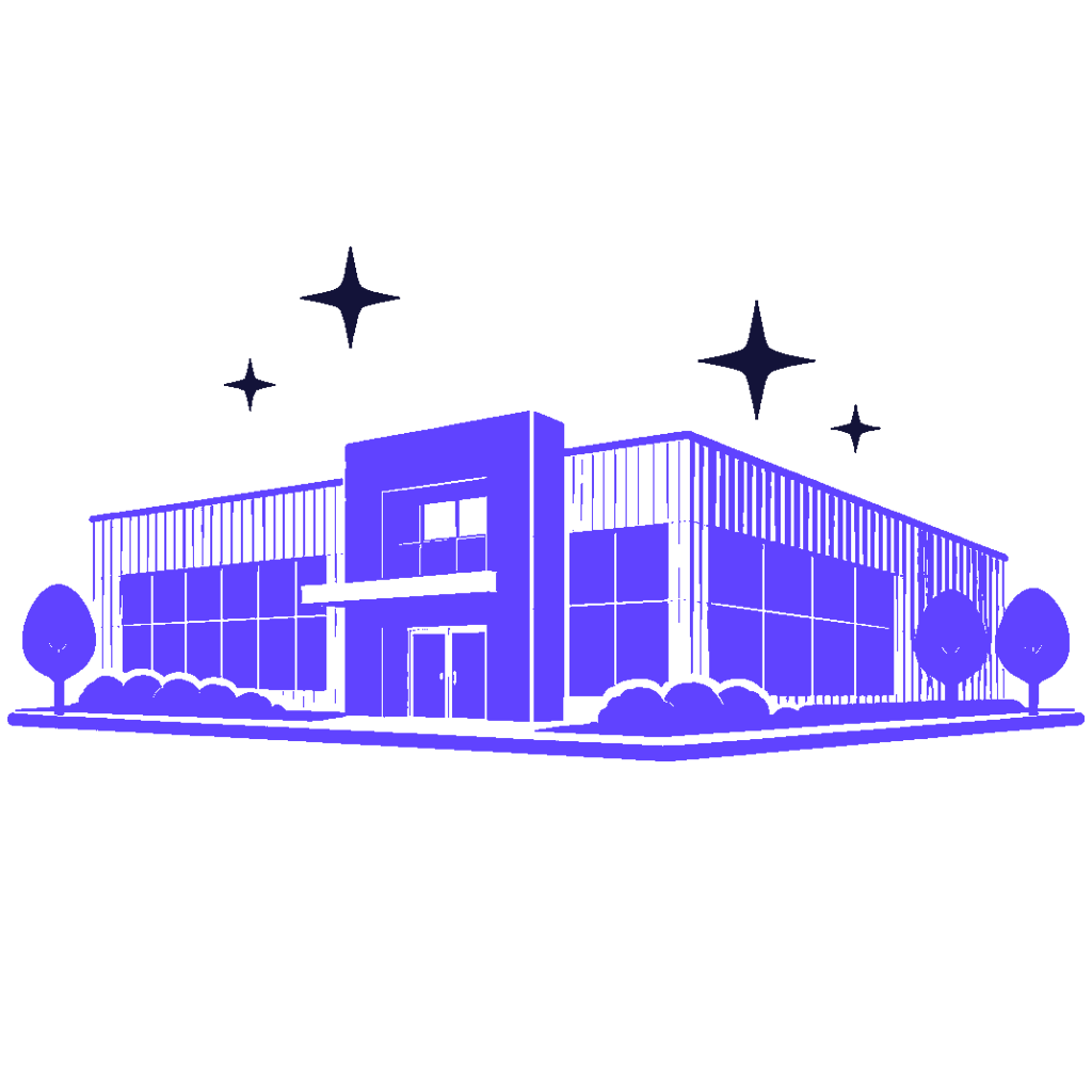 Illustration d'un bâtiment moderne avec des arbres et des étoiles dans le ciel nocturne.