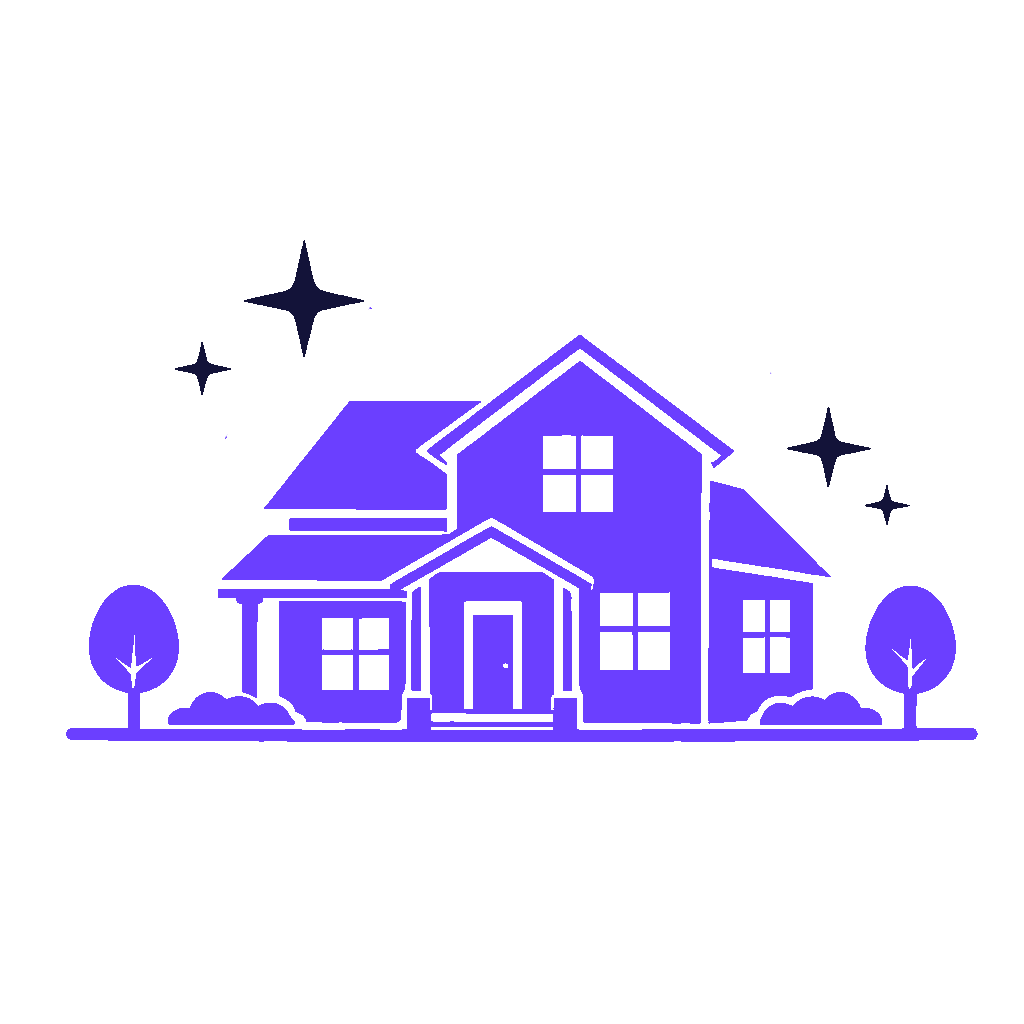 Illustration d'une maison en couleur violette avec deux arbres, un chemin et des étoiles dans le ciel