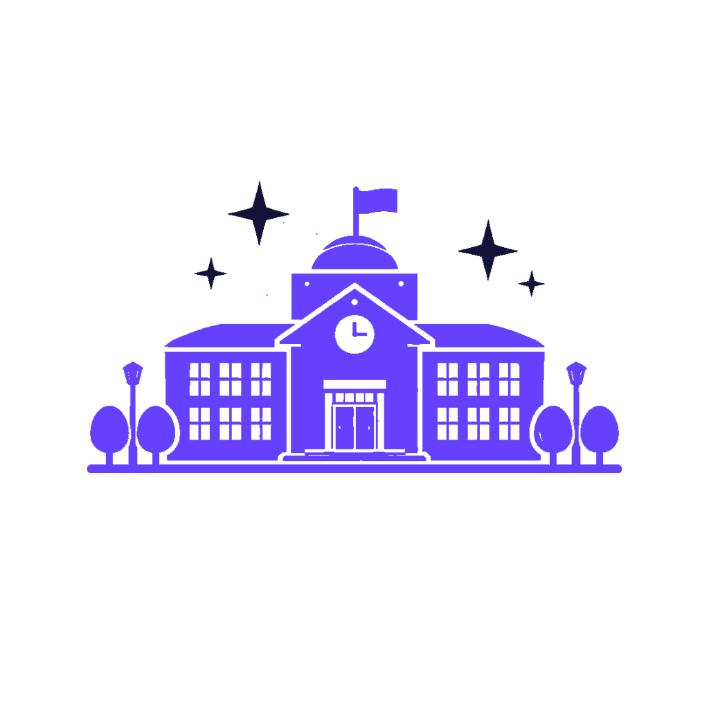 illustration d'une école avec un drapeau, une horloge, et des arbres, en couleurs violet et noir