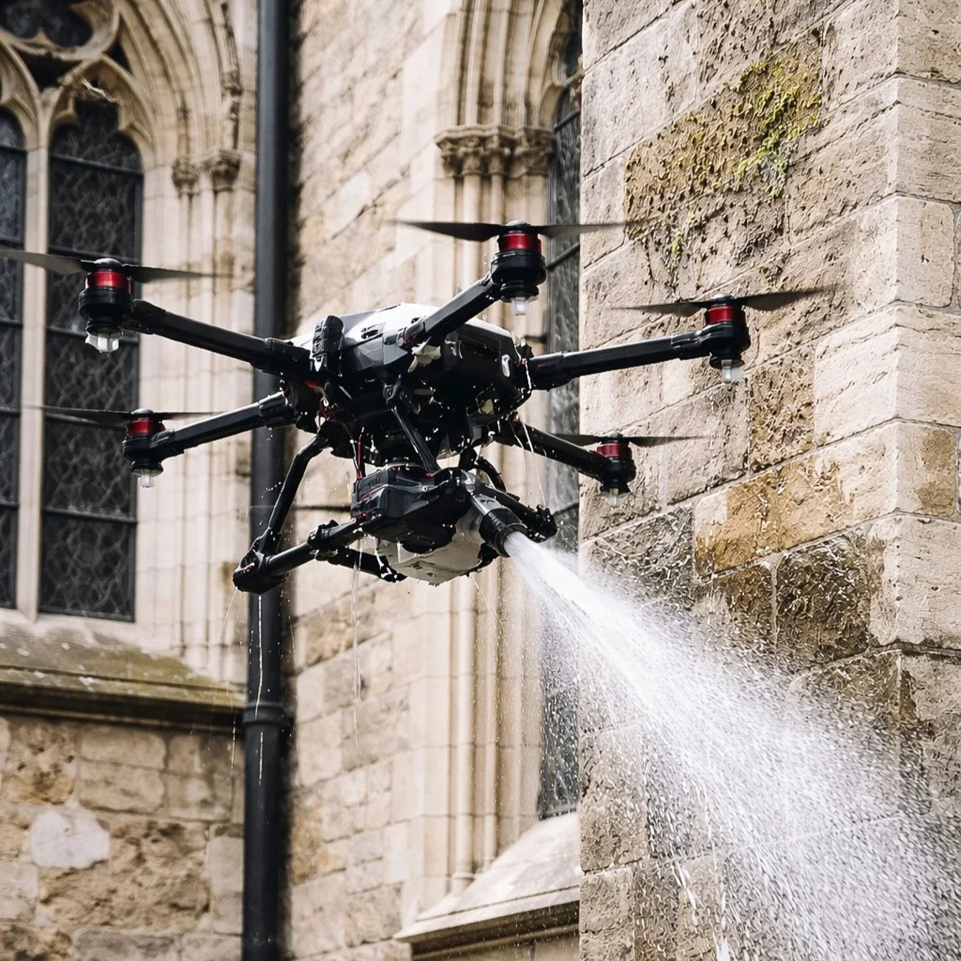 Un drone pulvérise de l'eau contre un mur de pierre dans un environnement urbain historique.