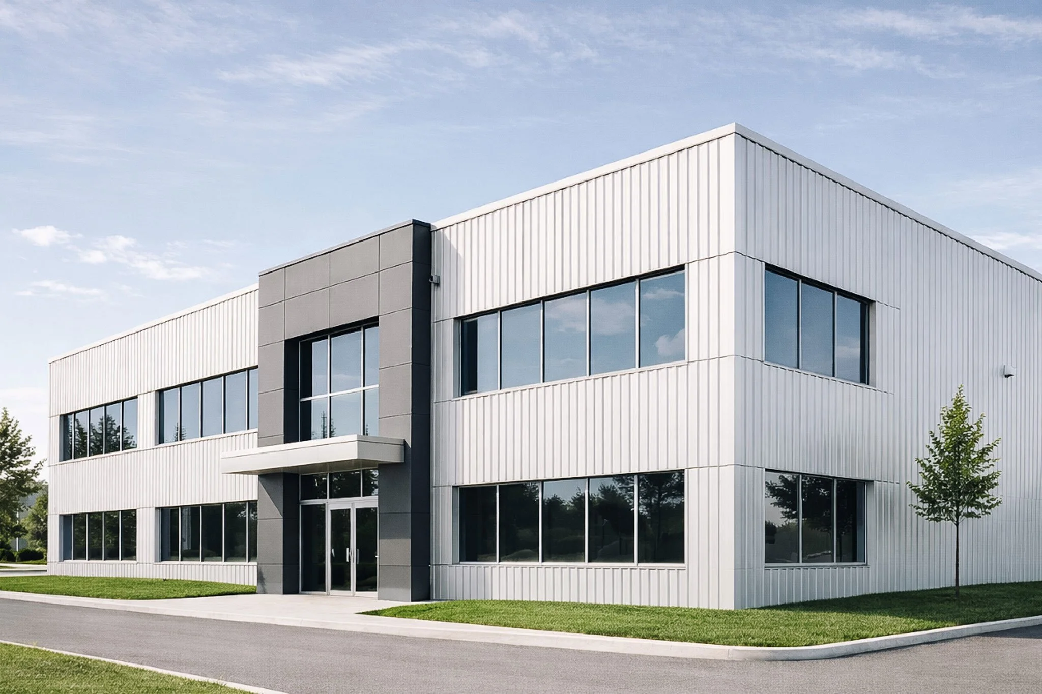 Bâtiment moderne avec fenêtres en verre et façade en métal, entouré d'un espace vert et d'une route.