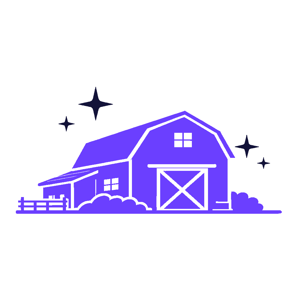 Une grange ou un bâtiment agricole stylisé en violet avec des étoiles sur un fond noir.